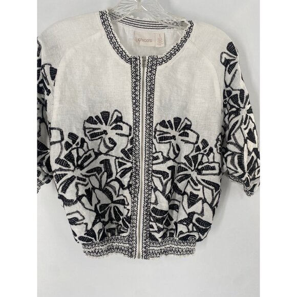CHICO'S SMOCKED ZIP JACKET LINEN EMBROIDERED SIZE 1 PETITE - Picture 5 of 6